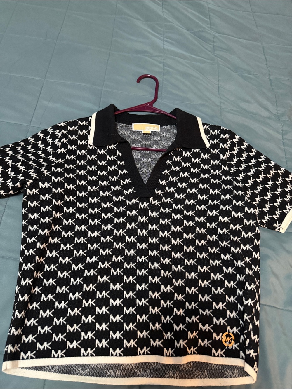 Michael Kors Black & White All-Over MK Logo Polo